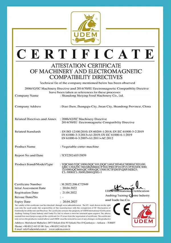 CE certification of the vegetable processing equipment 