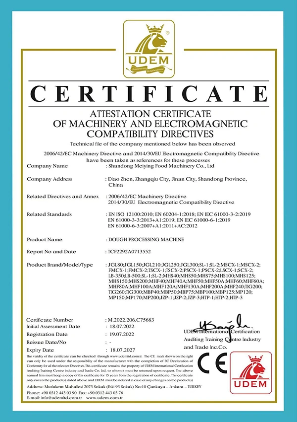 CE certification of the dough processing equipment