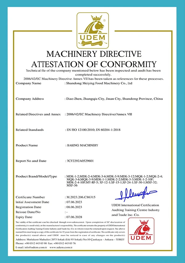 CE certification of the bakery equipment