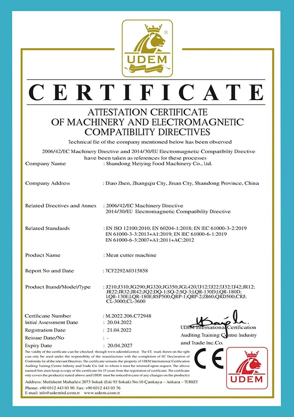 CE certification of the meat cutting machines